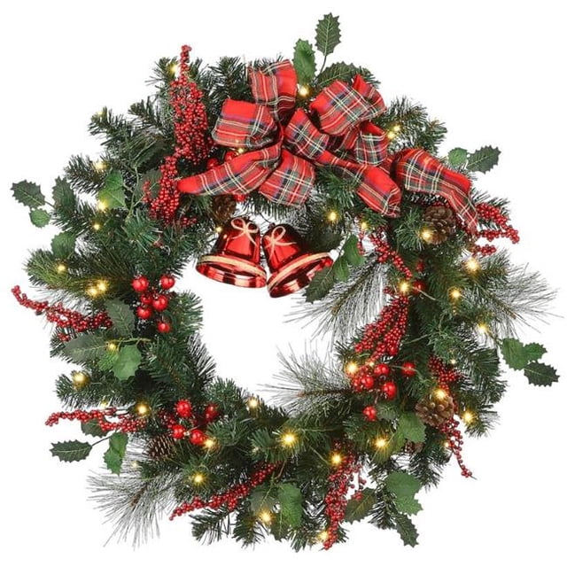 National Arbre RAC-JS1904X30 30 in. Couronne de Noël avec des Cônes et 44 ; Baies Rouges et 44 ; Cloches et 50 Lumières LED Blanc Chaud