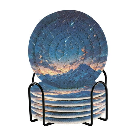 

6-Pack Polyester Coil Coasters with Holder - Heat-Resistant (140℃) Non-Slip & Durable，Blue Sky
