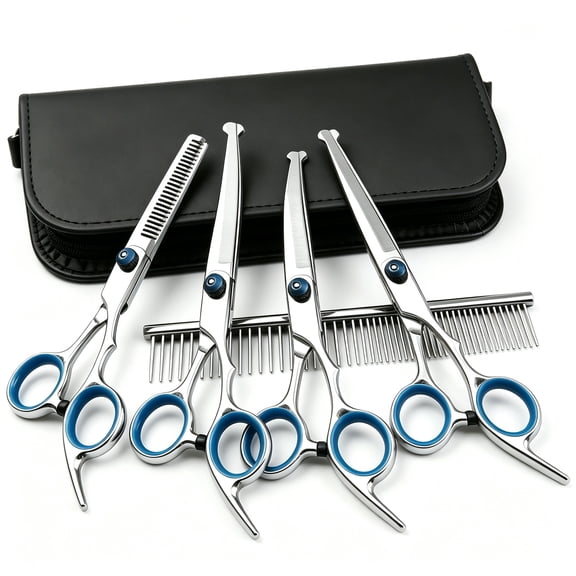 6-in-1 Dog Grooming Scissors Kit, Stainless Steel Dog Scissors for Grooming with Curved Scissors & Comb, for Home & Professional Pet Grooming, Blue