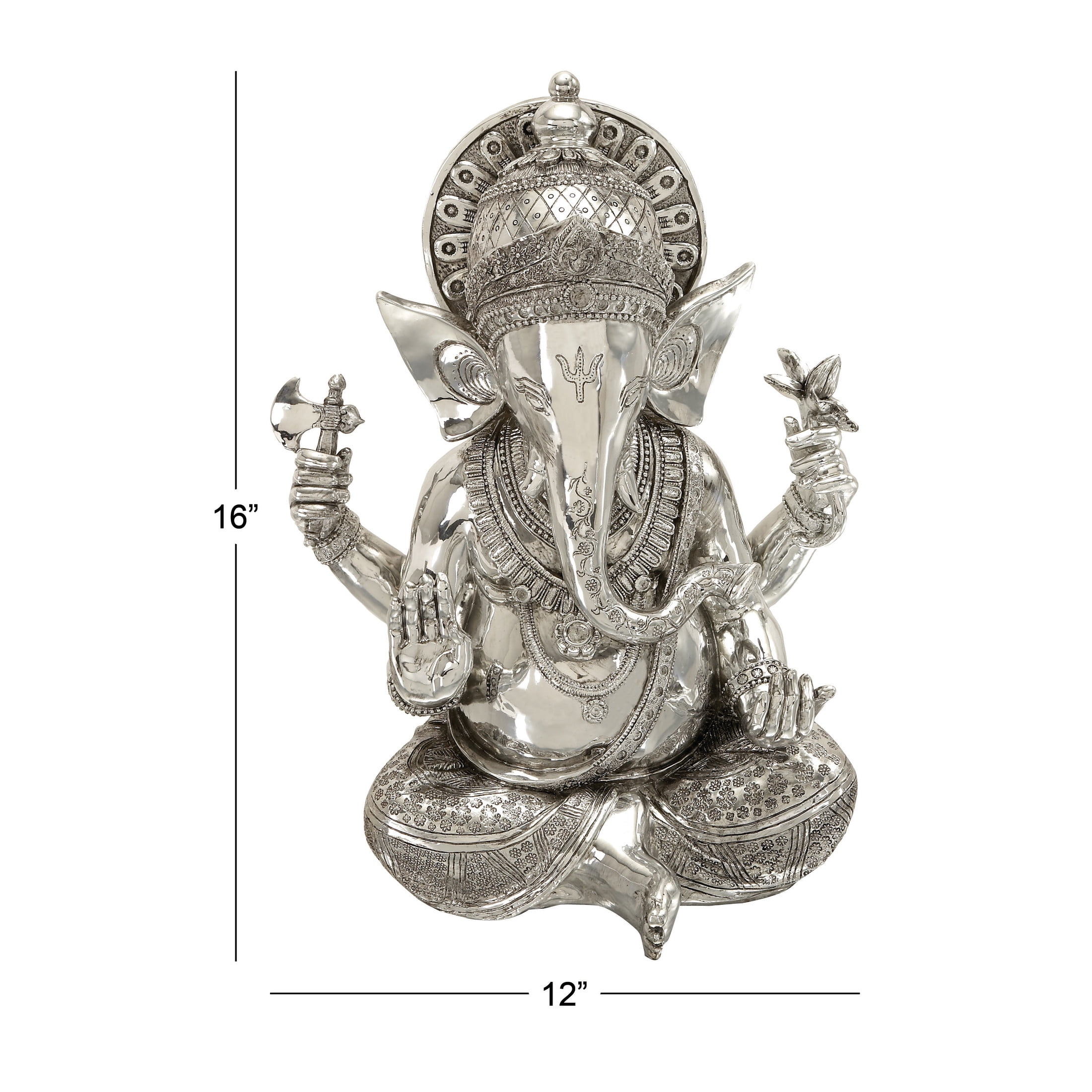 12" x 16" Silver Polystone Meditating Ganesh Sculpture with Engraved Carvings, by DecMode