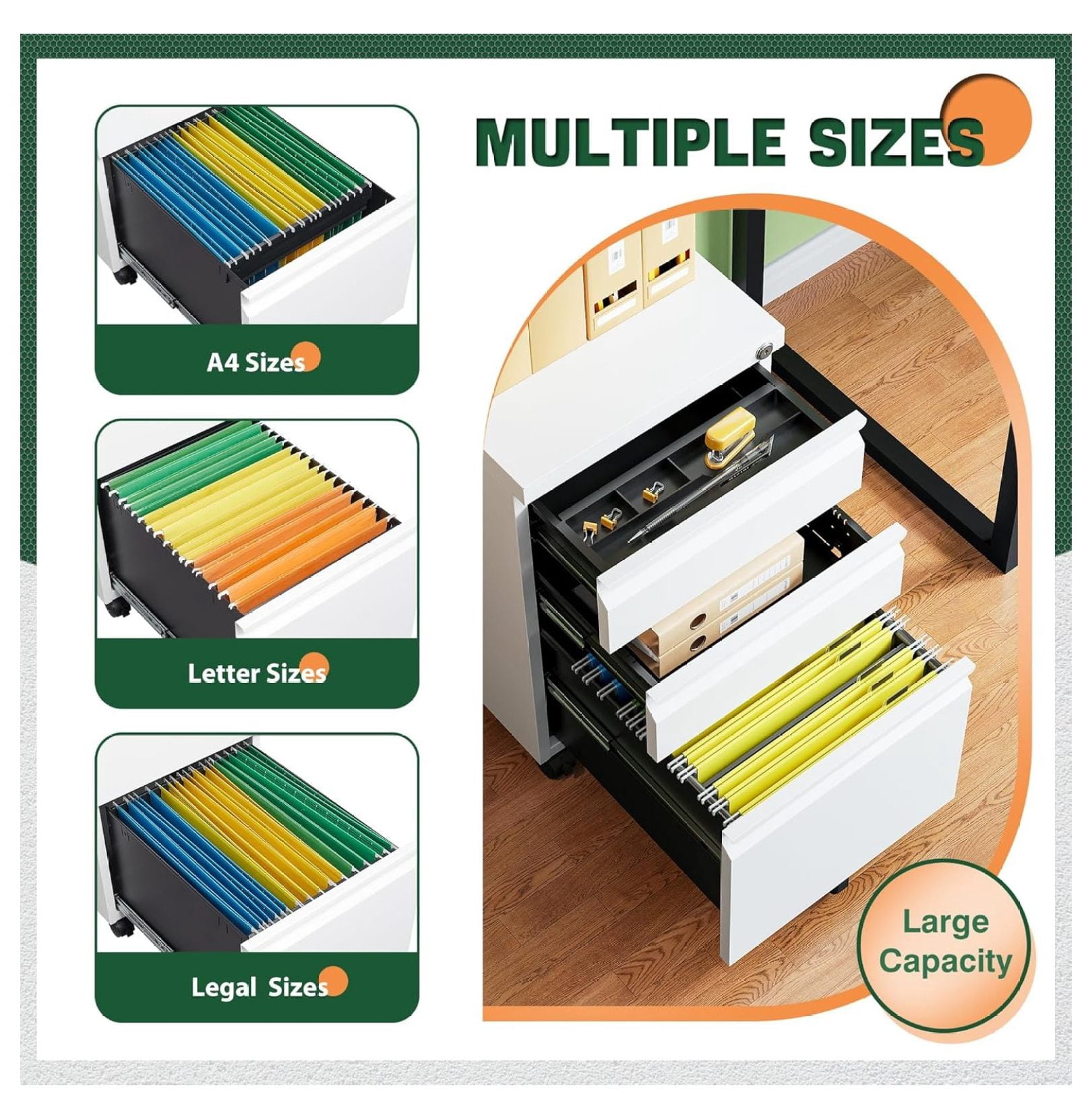 WDZS 3 Drawer Mobile File Cabinet with Lock, Under Desk Metal Filing Cabinets for Home Office Organizer Letters/Legal/A4(Fully Assembled-White)