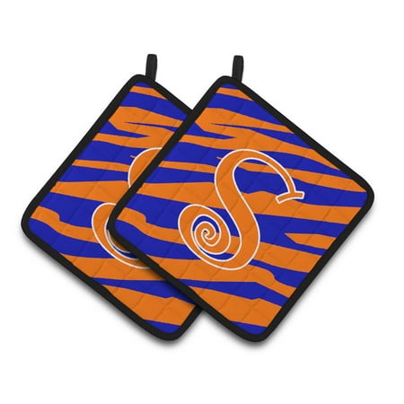 

Carolines Treasures CJ1036-SPTHD Letter S Initial Tiger Stripe Blue and Orange Pair of Pot Holders 7.5HX7.5W