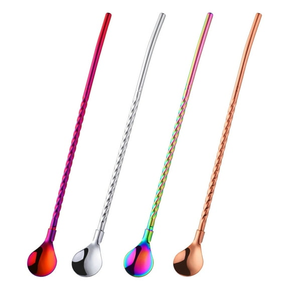 LABSERRON 4Pcs Reusable Spoons For Beverages Stainless Steel Hollow Handle Iridescent Silver