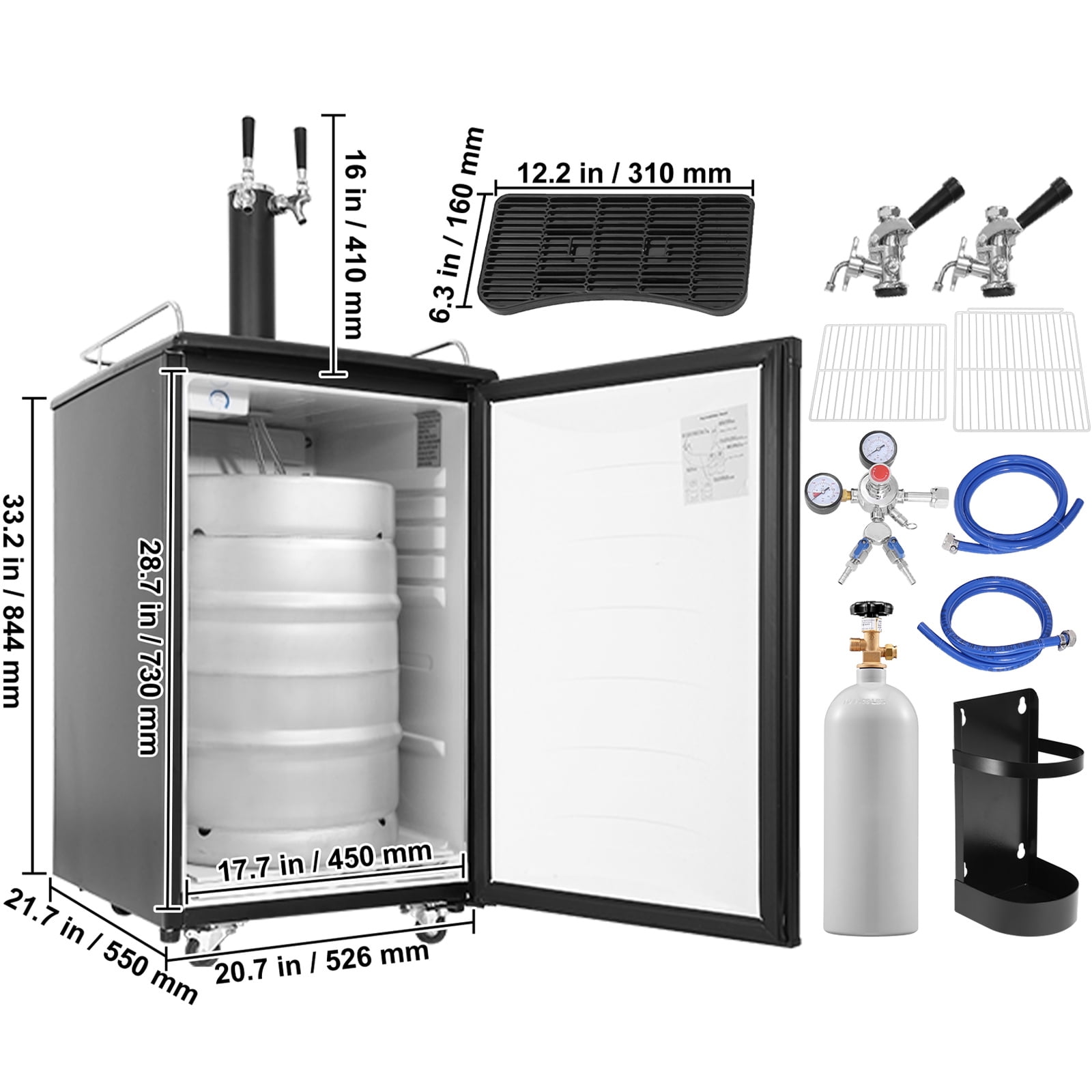 KFFKFF Ale Keg Cooler, Two-Tap Brew Serving System, Comprehensive Keg Fridge with CO2 Canister, Storage Racks, Spill Collector & Guard, 32°F- 50°F Temp Regulation, Accommodates 1/6, 1/4, 1/2 Kegs