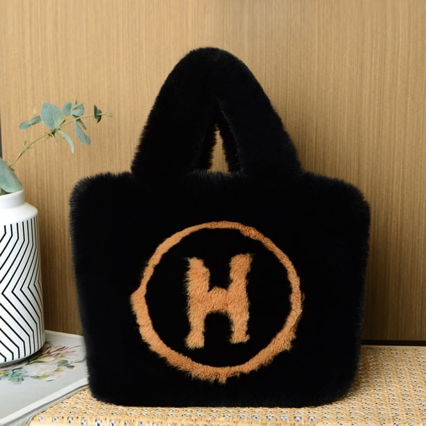 Bolsas De Felpa Causal Fuzzy Bag Color Contraste Moda Letra H para mujeres niñas (Negro)