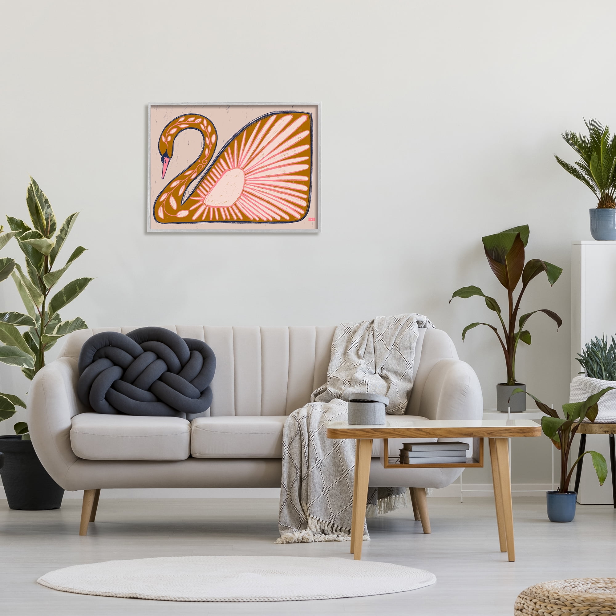 Stupell Industries Boho Patterned Swan Animals & Insects Painting Gray Framed Art Print Wall Art, 30 x 24