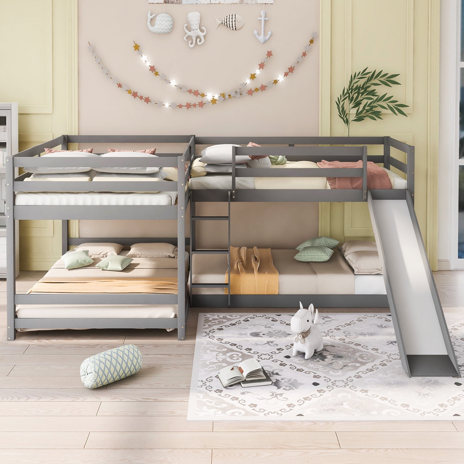 Buy LShape Bunk Bed for 4, Quad Bunk Beds with Slide and Builtin