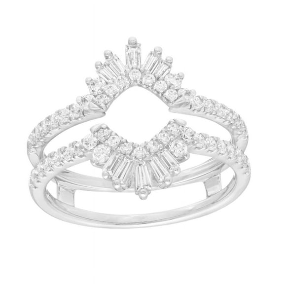 Round & Baguette Cut Diamond Starbrust Solitaire Ring Enhancer in 925 Sterling Silver - Double Row Crown Ring Jacket For Womens