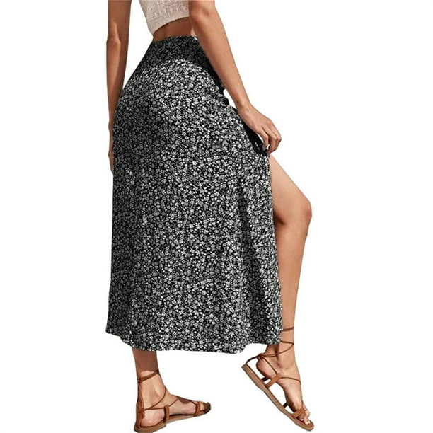 Minnieouse Casual Long Split Swing Mujer Bohemian Estética Linda Playa Vacaciones Moda Verano Ropa Negro L Prendas para la parte inferior del cuerpo Negro S Minnieouse AP010704-01