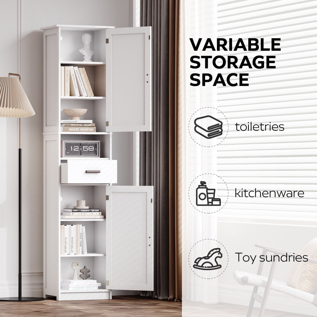 69" H Tall Bathroom Storage Cabinet with 2 Barn Doors and 1 Drawer, Narrow Storage Unit with Adjustable Shelves, Floor Cabinet for Bathroom Living Room Entryway, White
