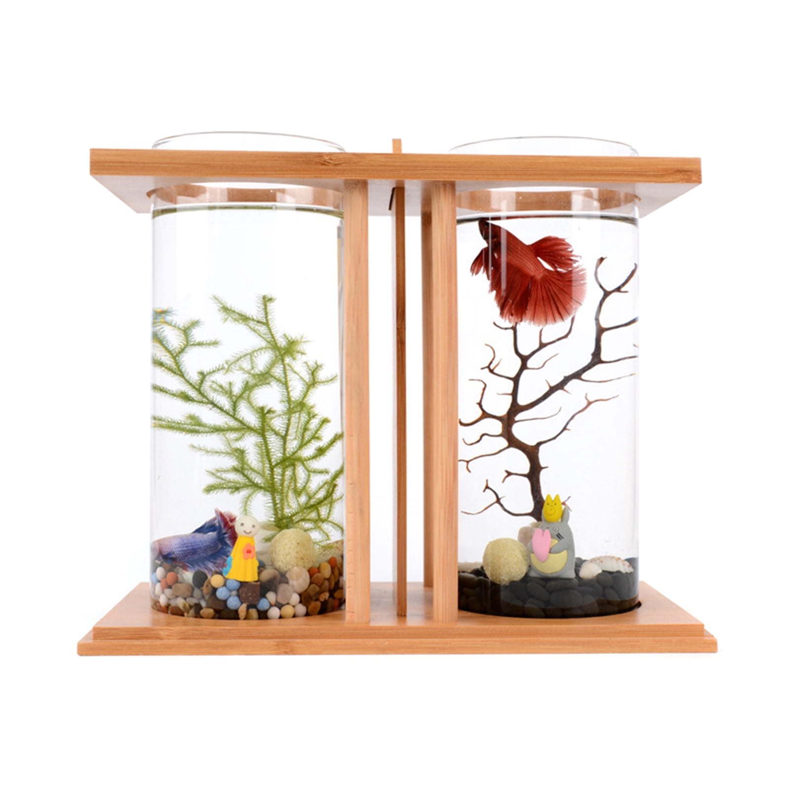 LED White Desktop Mini Fish Tank Tabletop Desktop Fish Tank Bamboo Glass Acrylic for Goldfish Betta Fish