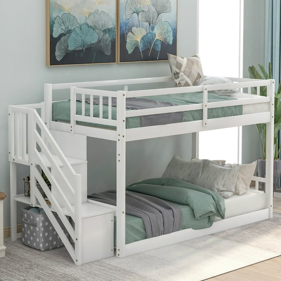 Noble House Twin over Twin Floor Bunk Bed, Ladder with Storage, White