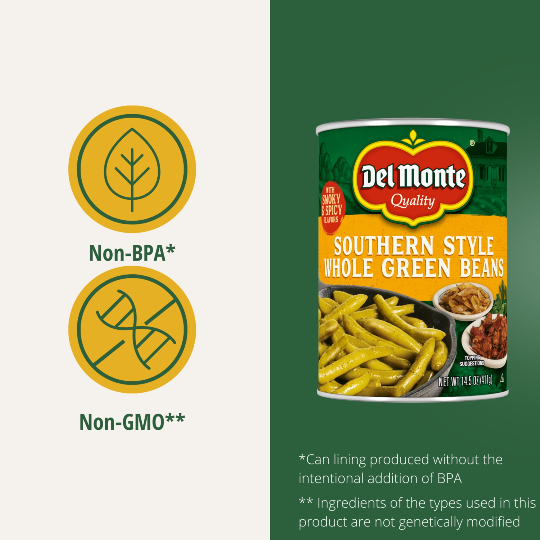 (12 pack) Del Monte Southern Style Whole Green Beans, Canned Vegetables, 14.5 oz Can