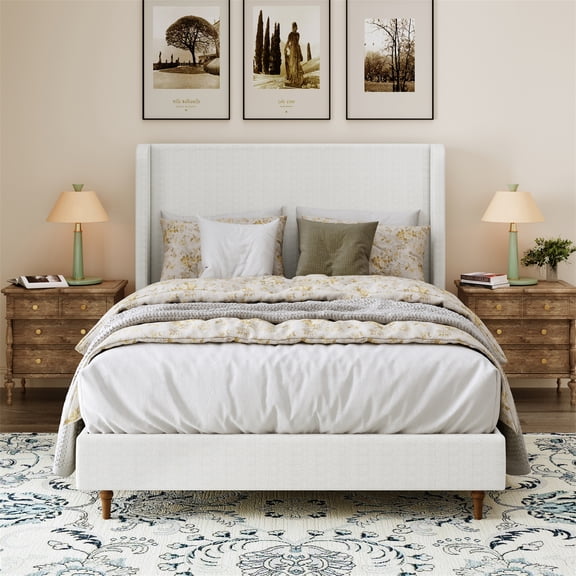 Queen Size Bed Frame High Headboard Upholstered Platform Bed, No Box Spring Needed, Easy Assembly, Ivory