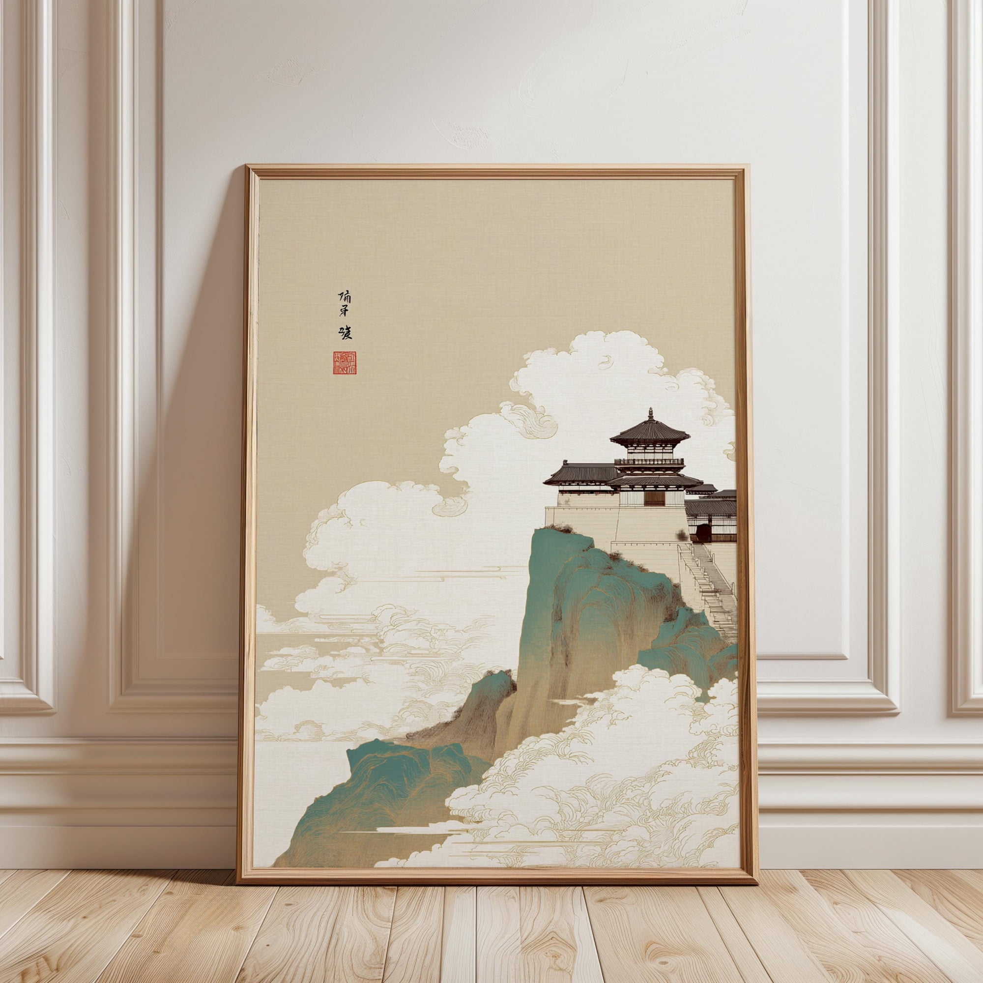 Japanese Mountain Temple Art Print Zen Landscape Wall Decor Ink Wash Style Poster Oriental Nature Scenery Traditional Asian Illustration
