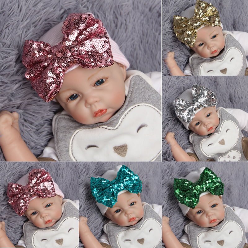US Newborn Baby Girl Infant Kid Sequin Bowknot Beanie Hat Knit Hospital Cap Z
