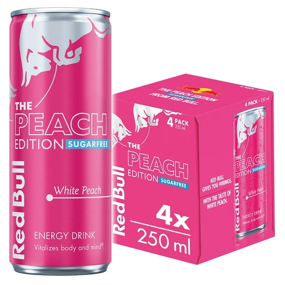 Red Bull Summer Edition Sugarfree Energy Drink, White Peach, 8.4 fl. oz., Pack of 4 cans