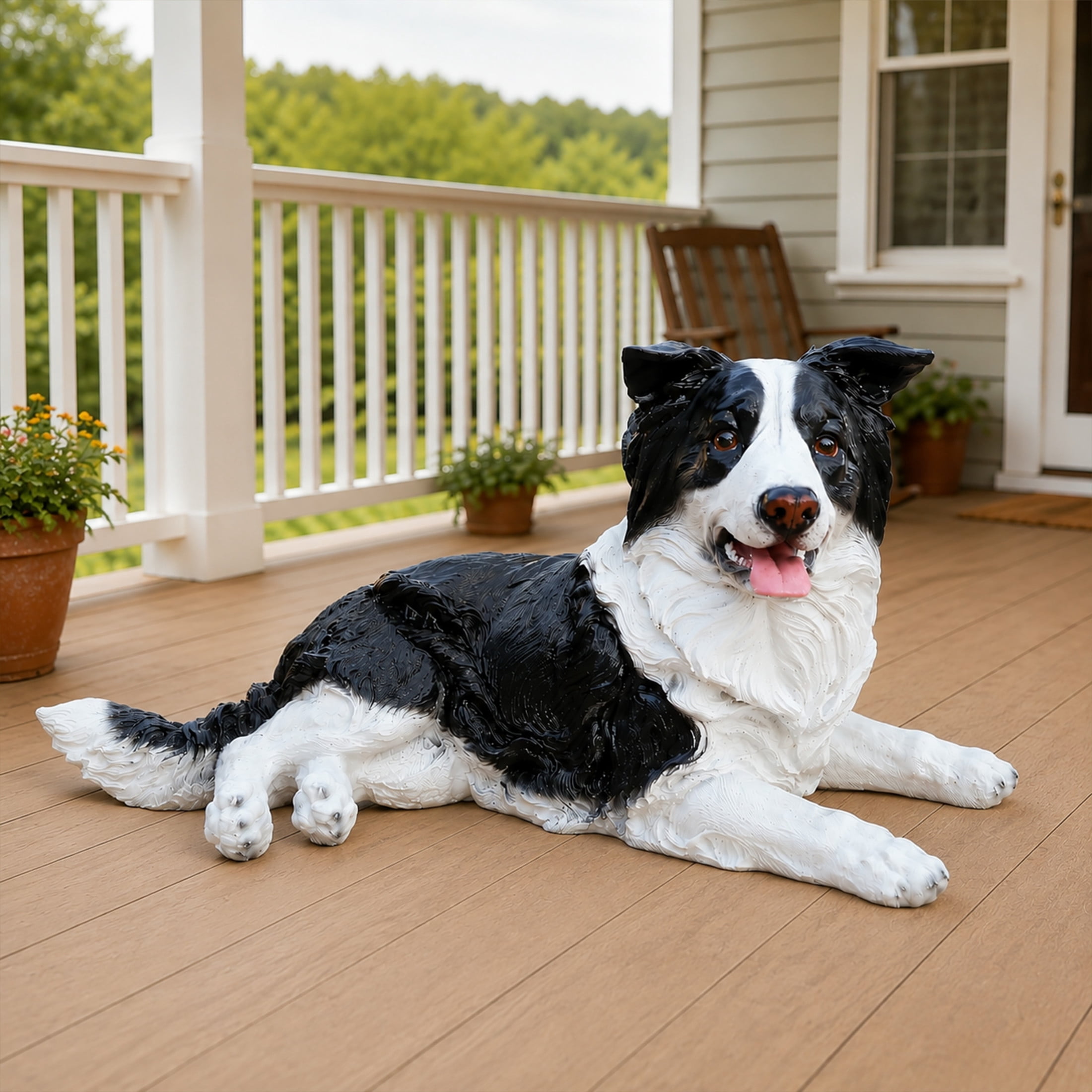 Noble House Lifelike Lying Border Collie Statue, Realistic Resin Animal Figurine for Outdoor Garden Decor, Black White