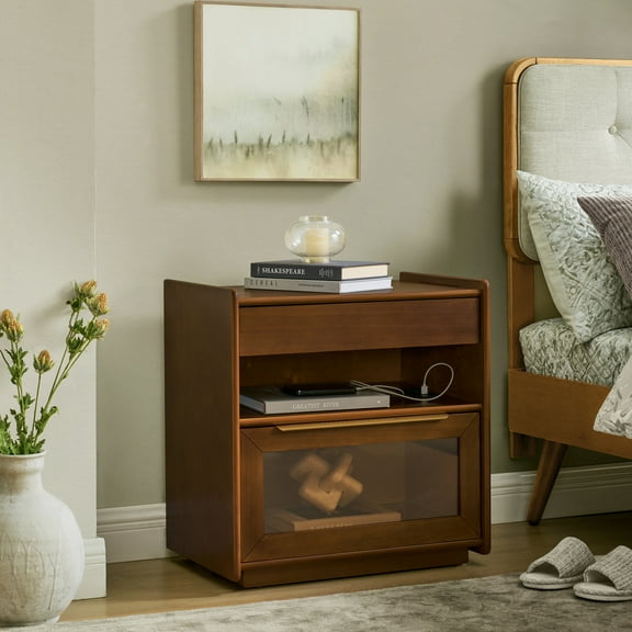 Noble House Mid-Century Nightstand with Charging Station, Glass Detail & Open Shelf, Farmhouse End Table, Dark Walnut