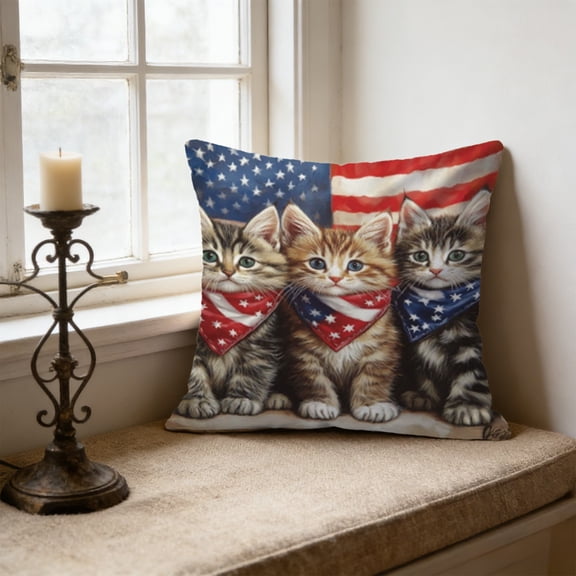 romoty 4th of July Patriotic Pillow Covers 18"x18", Individual Independence Day Kittens and Gnomes Throw Pillow Case, Square Decorative Cushion Cover for Home Sofa Couch Farmhouse Decor