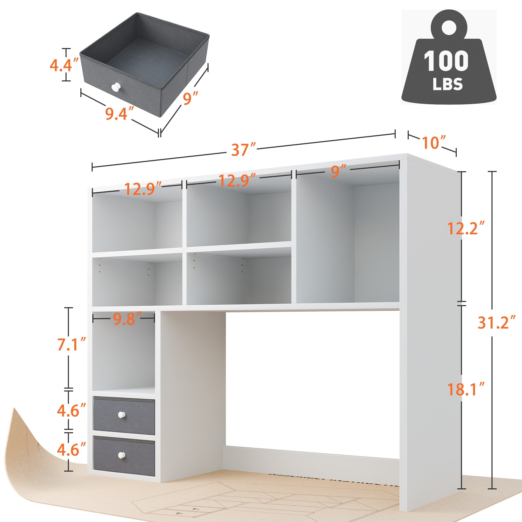 Desktop Bookshelf Wood Desk Hutch Organizer with 8 Shelves and 2 Drawers for Computer Desk,Adjustable 5-Tier Desk Storage Organizer,College Cube,Display Shelf Rack for Dorm Office Home,White
