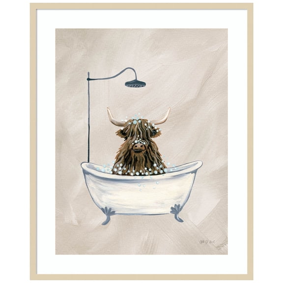 Amanti Art Highland Cow in Tub Texture Wood Framed Wall Art Print