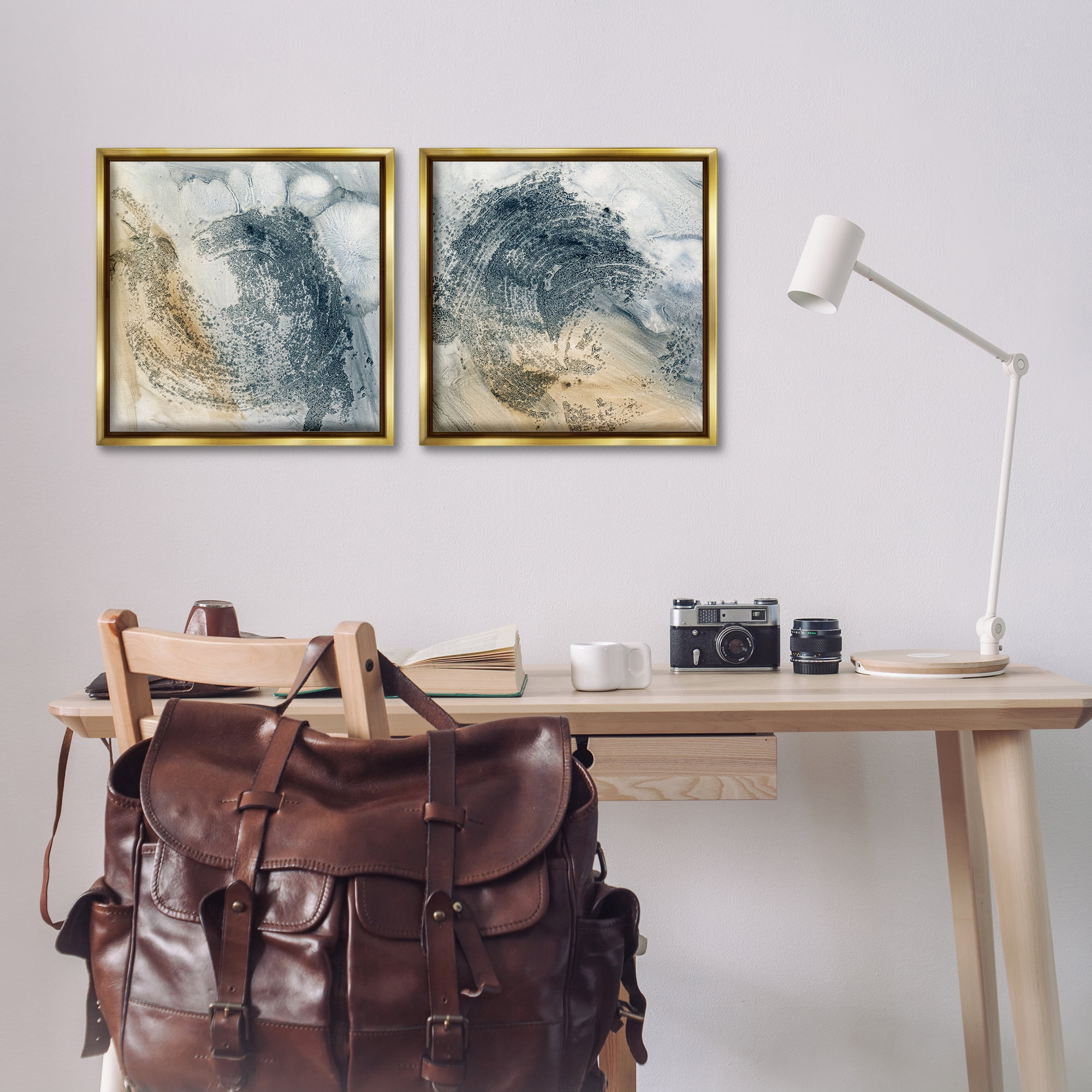 Stupell Industries Abstract Beige Blue Wave Abstract Painting Gold Floater Framed Canvas Art Print Wall Art, 18 x 18, Set of 2