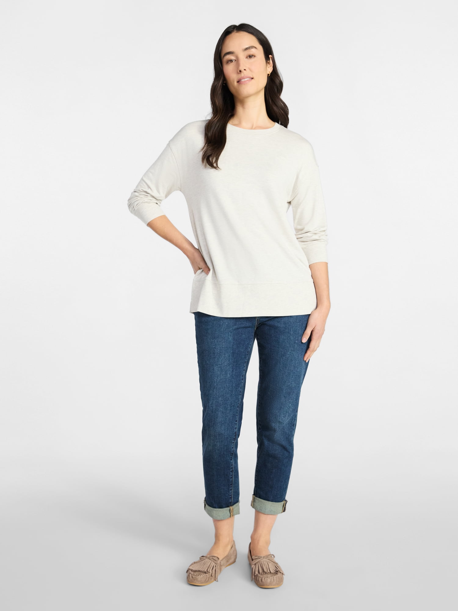Time and Tru Women's French Terry Tunic Top with Long Sleeves, Sizes XS-XXXL