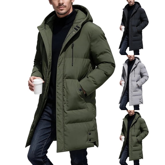 Long Puffer Coat Men Solid Color Thick Warm Hooded Winter Jacket,Mid-Length Zip Up Padded Parka for Outdoor Wear
