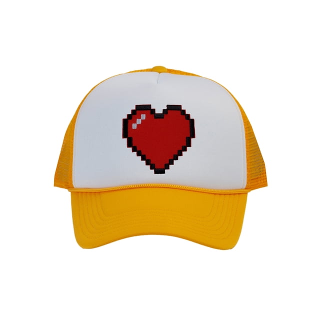 Men's 80's Retro Large 8 Bit Pixelated Heart Gamer Trucker Hat, White/Gold