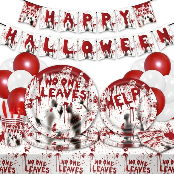 Juego de Vajilla Desechable para Fiesta Temática de Halloween con Bandera de Mano Ensangrentada: Platos, Servilletas, Manteles de Plástico y Pancartas Decorativas, Imprescindible para Fiestas de Terr