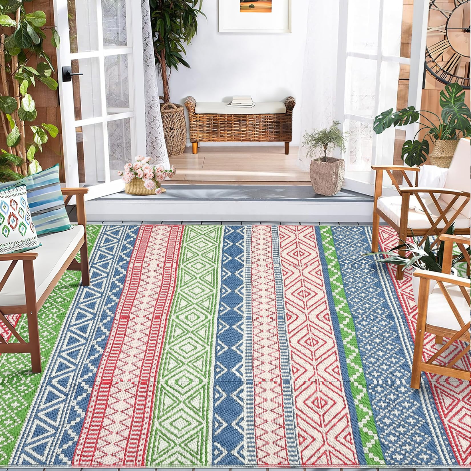 Reversible Outdoor Rugs 5x8 for Patios Clearance, Waterproof Mats for Porch, Deck, Plastic Straw Area Rugs for Backyard, Balcony,Red/Green/Blue