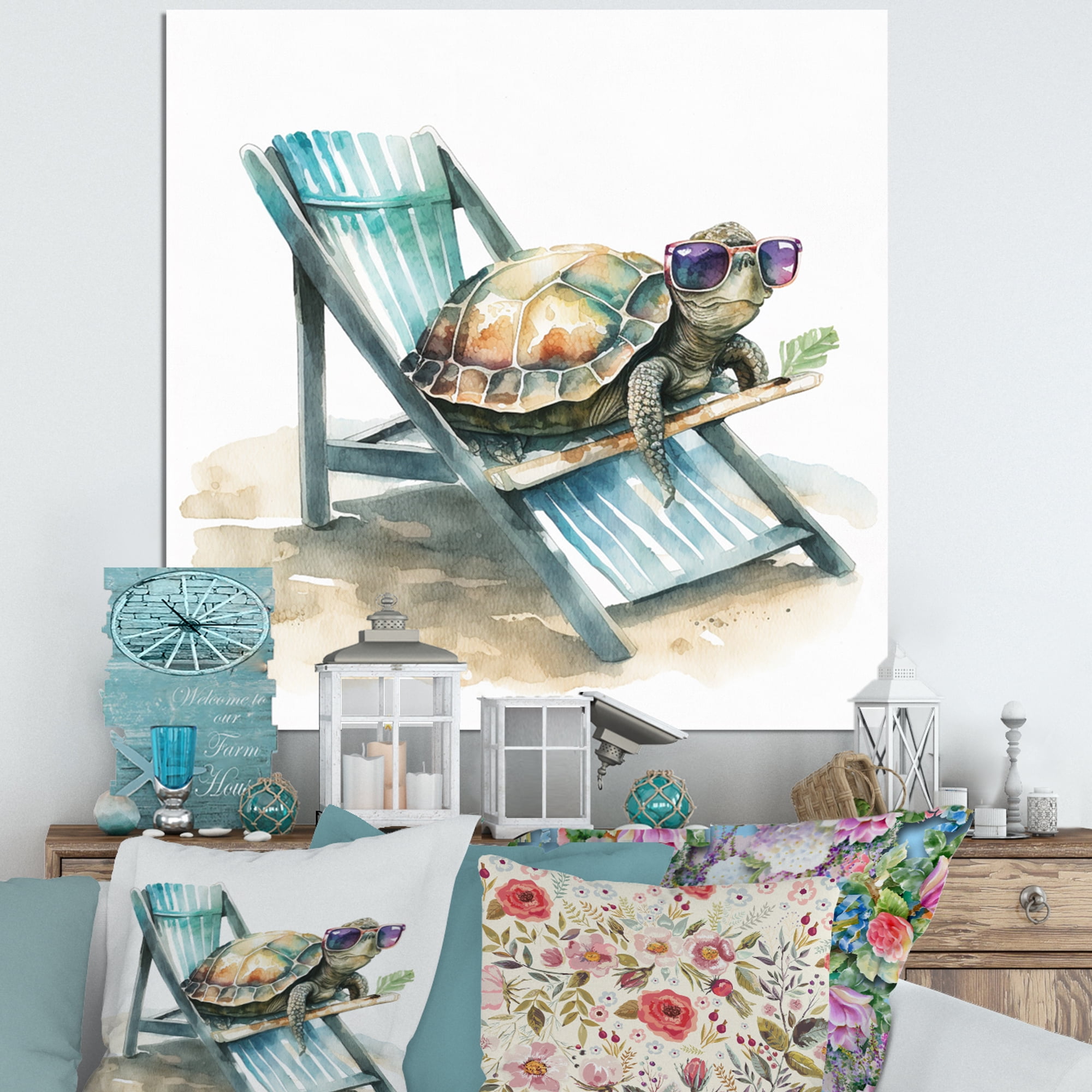 Designart Turtle Laying On A Beach Chair With Sunglasses II Canvas Wall Art