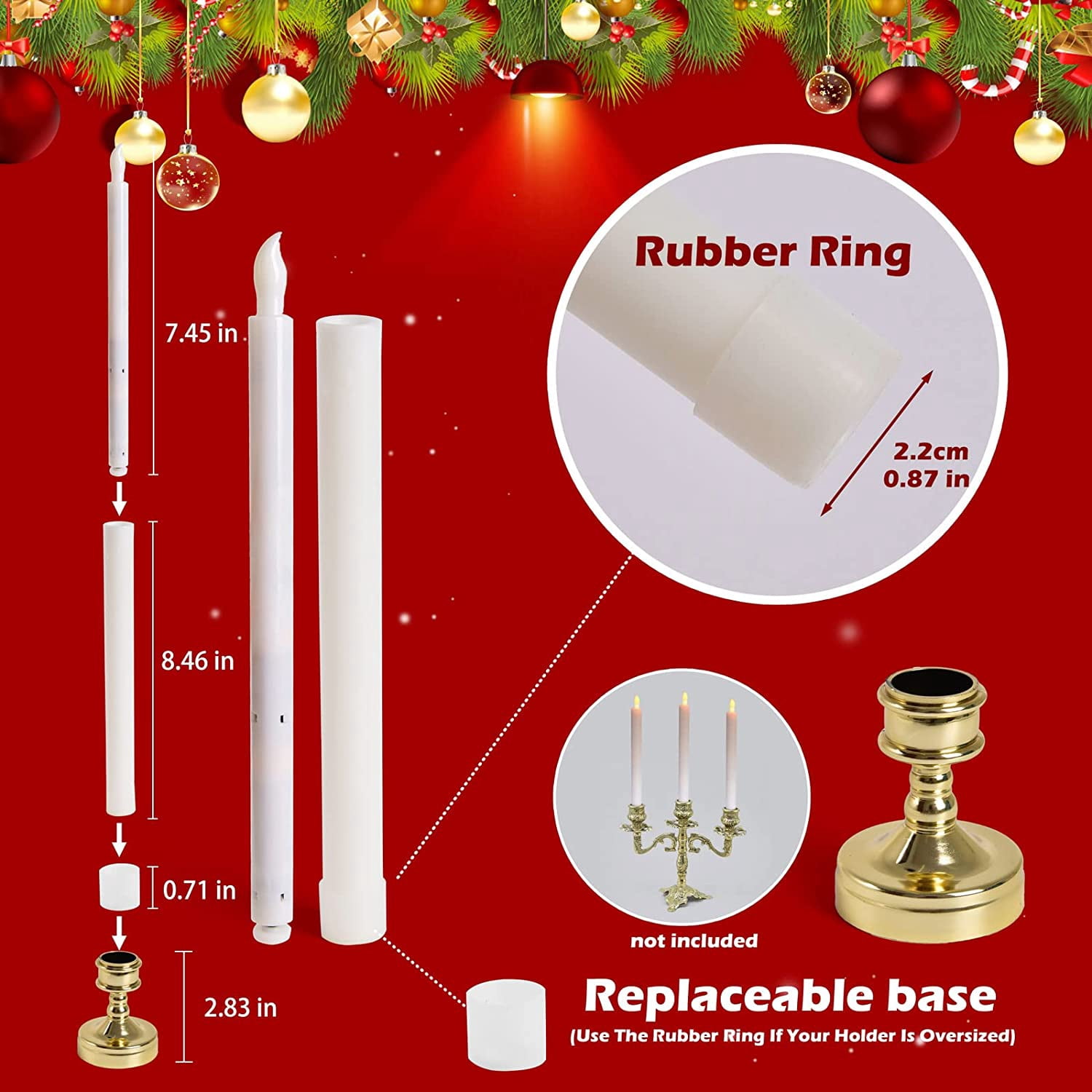 Fun Little Toys 12 Pcs Halloween Flameless Remote Candles,3D Wick Light Taper Candles Removable Gold Candle Holders for Halloween,Christmas Decorations