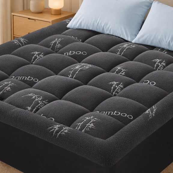 Bamboo Mattress Topper, Machine Washable Easy daily care, Breathable Soft Noiseless Bed Topper for Home Bedroom all‑season use(Grey,Twin)