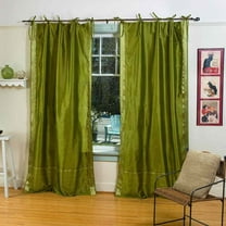Tie Top Sheer Sari Curtains 43" W X 24" L matching tiebacks- Handcrafted Olive Green Indian Drapes Unlined for light & airy ambience Perfect for Living/Bedroom/Dining Room Sold in Pairs
