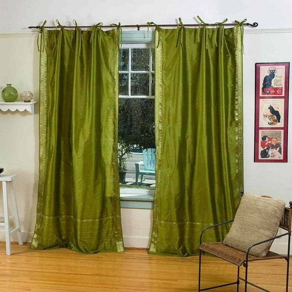 Tie Top Sheer Sari Curtains 43" W X 24" L matching tiebacks- Handcrafted Olive Green Indian Drapes Unlined for light & airy ambience Perfect for Living/Bedroom/Dining Room Sold in Pairs