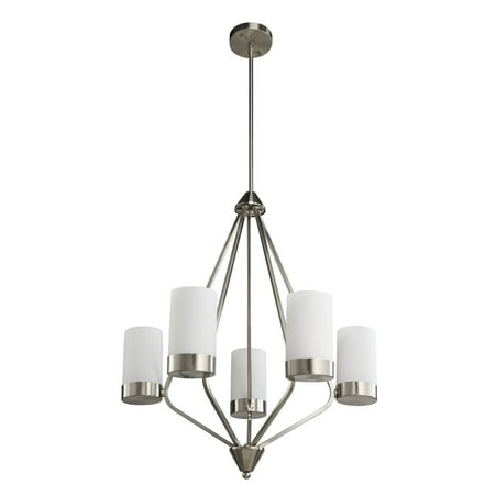 Cased Opal Etched Glass - 5-Light Satin Nickel Finish Chandelier Ceiling Light with Satin Etched Cased Opal Glass Shade