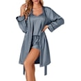 thumbnail image 1 of Women's 3pcs Satin Pajamas Set Cami Top and Shorts Sleepwear PJs Set with Robe,Grey, 1 of 5