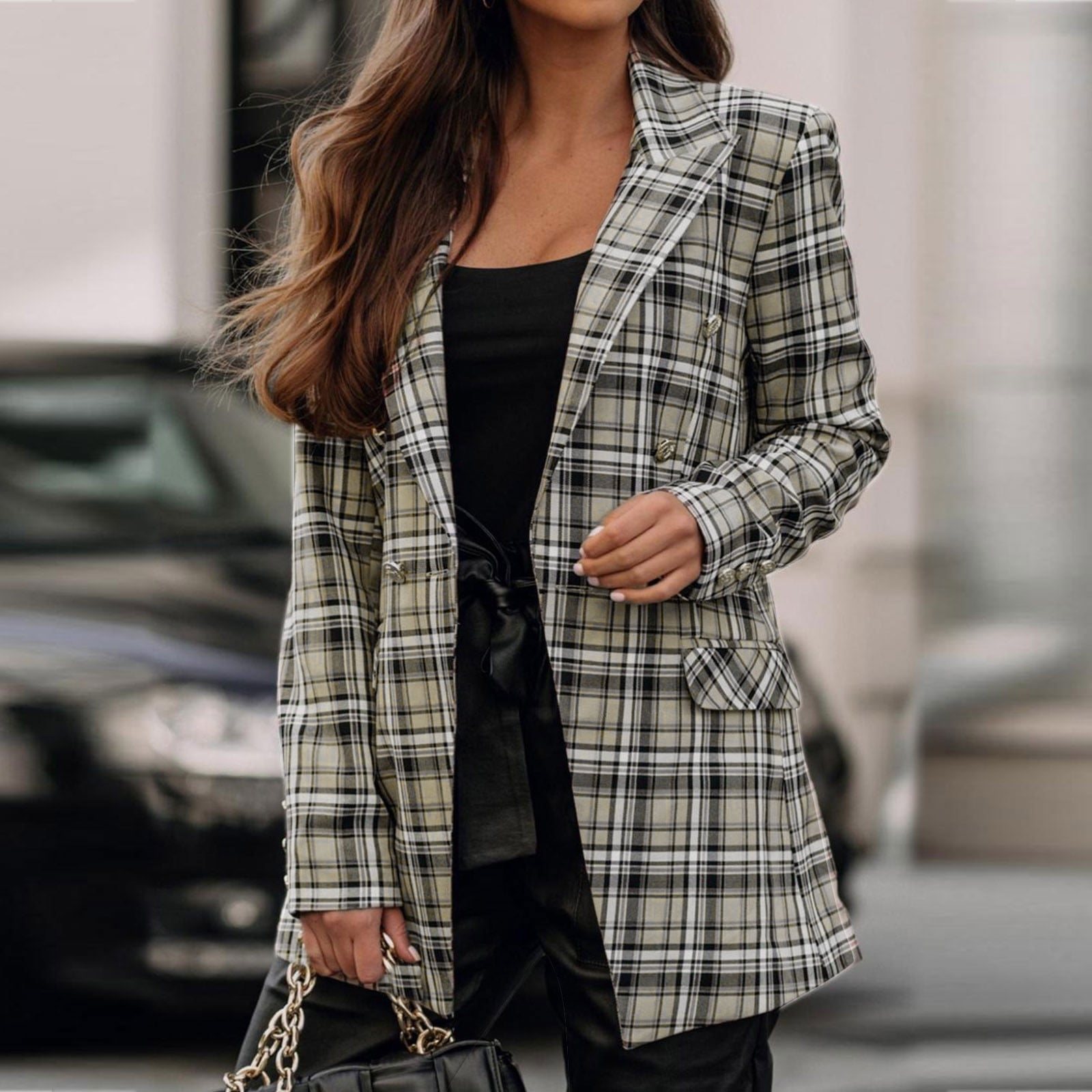 Cyber Monday Deals Lastesso Fashion Women Business Attire Plaid Printed Long Sleeve Slimming Cardigan Coat Top