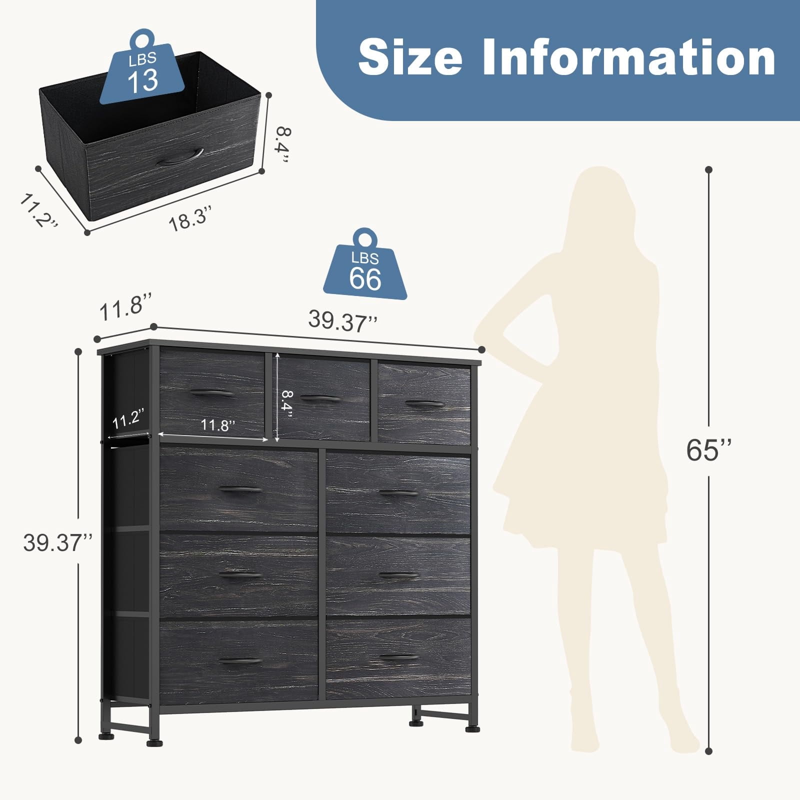 Telyra 9-Drawer Fabric Dresser Tall Storage Tower with Wood Top and Steel Frame Bedroom Closet Organizer, Black Wood Grain