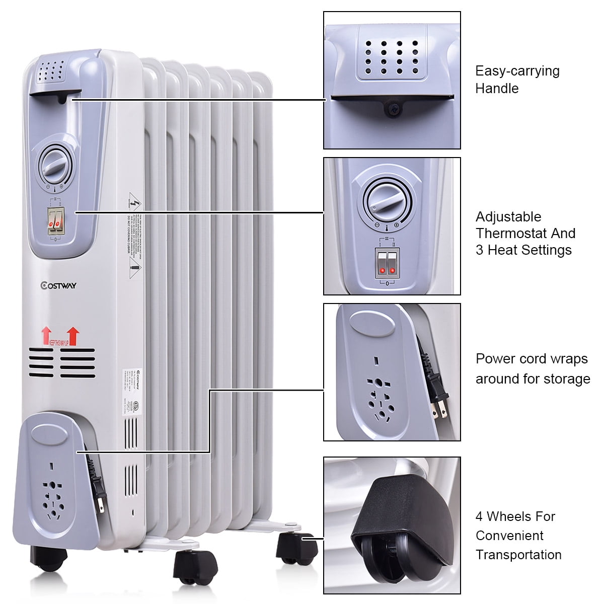1500W Electric Oil Filled Radiator Space Heater 7Fin Thermostat Room