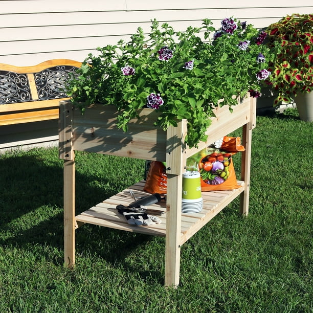 Sunnydaze Raised Wood Garden Bed Planter Box with Shelf, 30inch Tall