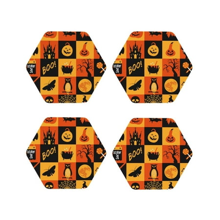 

Tideii Halloween Banner Symbols for Leather Coasters 4 Pieces Anti-fouling and Anti-scalding Decorative Coasters Suitable for Restaurants Kitchens Coffee Shops-Hexagon