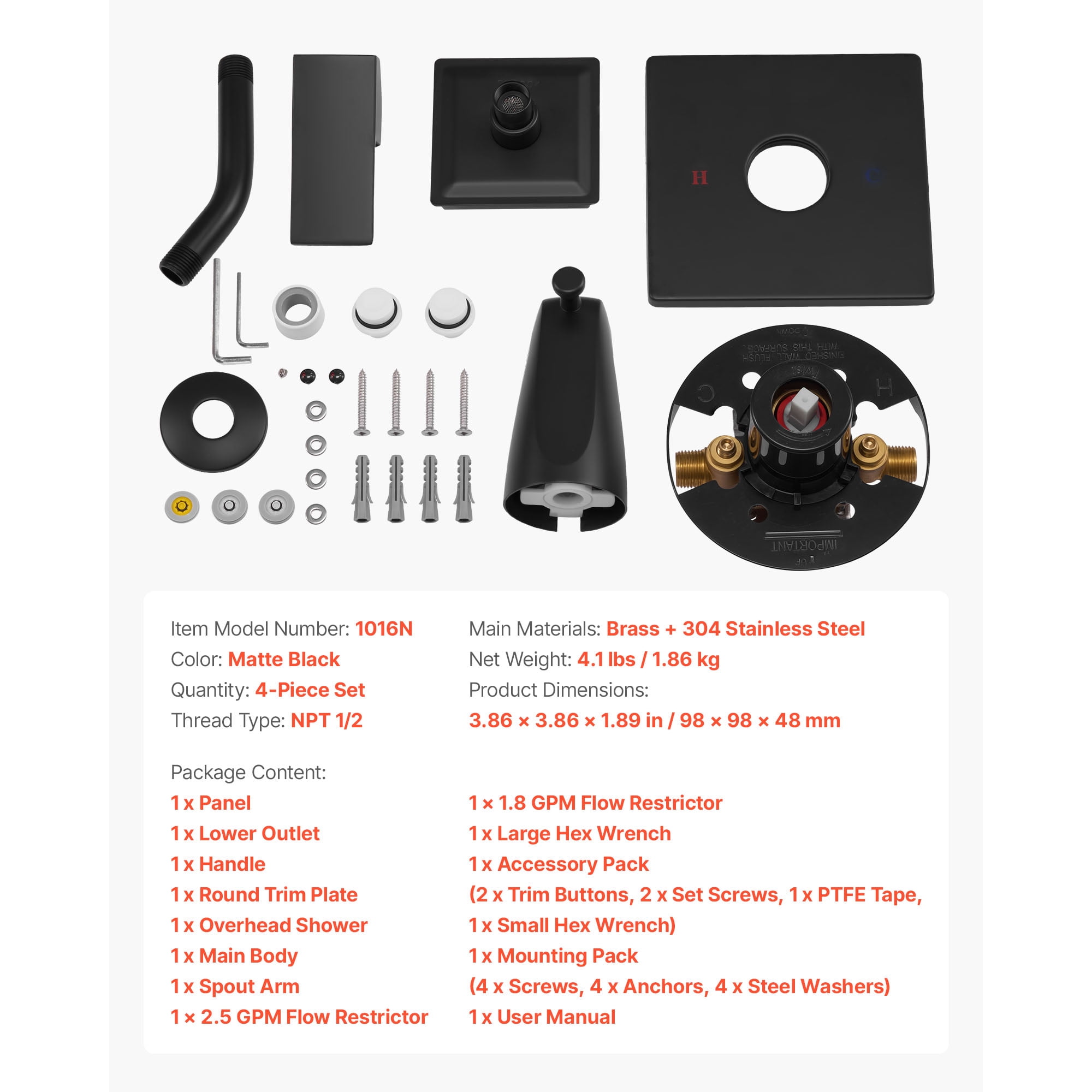 KFFKFF Tub and Shower Faucet Set with 4-Inch Rainfall Shower Head and Bathtub Spout, Single-Handle Tub Trim Kit Featuring 304 Stainless Steel Valve Trim, Matte Black Finish for Bathrooms