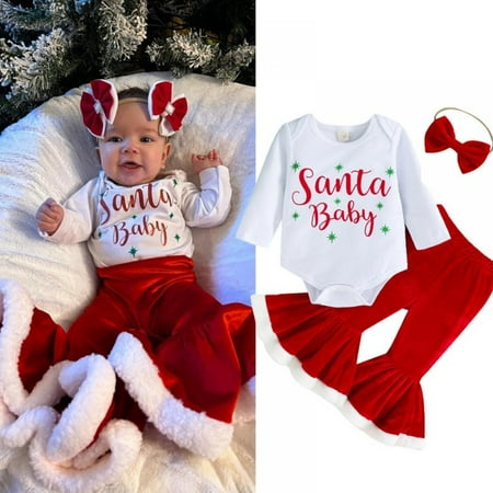 

SYNPOS 0-18M 3Pcs Newborn Baby Girls Christmas Outfits My 1st Christmas Romper Bell Bottom Pants Headband Set