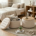 thumbnail image 3 of Dovov Round Ottoman with Storage and Reversible Tray, 25" Upholstered Footrest Coffee Table Button Tufted Storage Ottoman Foot Stool, Beige, 3 of 10