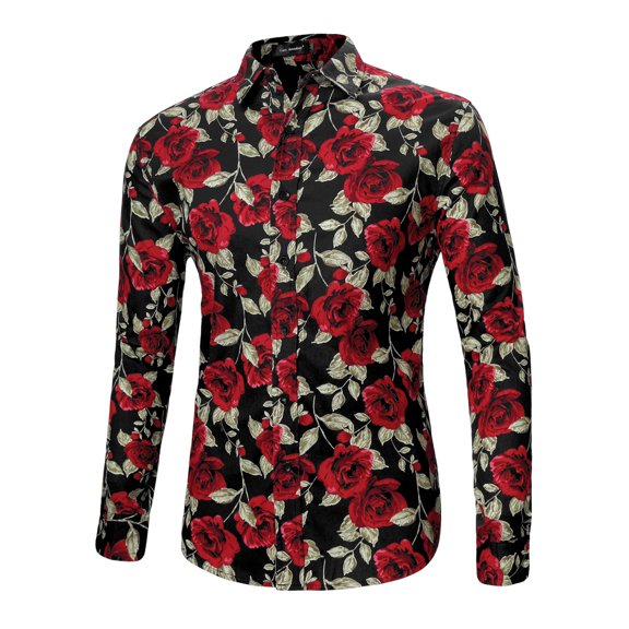 Lars Amadeus Men's Flower Palm Long Sleeve Button Down Hawaiian Shirt
