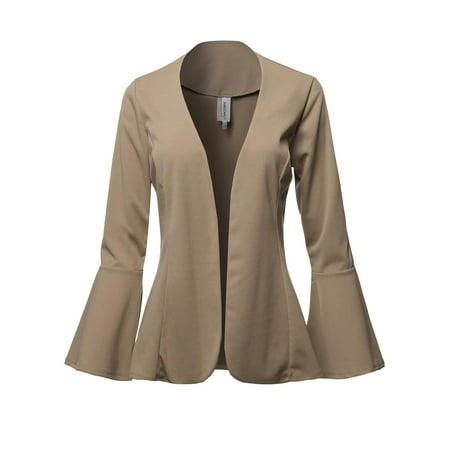 Brown Leather Blazer FashionOutfit Women's Casual Solid Collarless Bell Sleeve Open Blazer - Made in USA ()