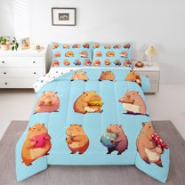 Homewish Cartoon Capybara 3 Pieces Queen Comforter Set for Preppy Children Kids,Kawaii Animal Ultra Soft Bedding Sets,Cute Wildlife Bedding Comforter Set,Microfiber Bedroom Decor,Reversible